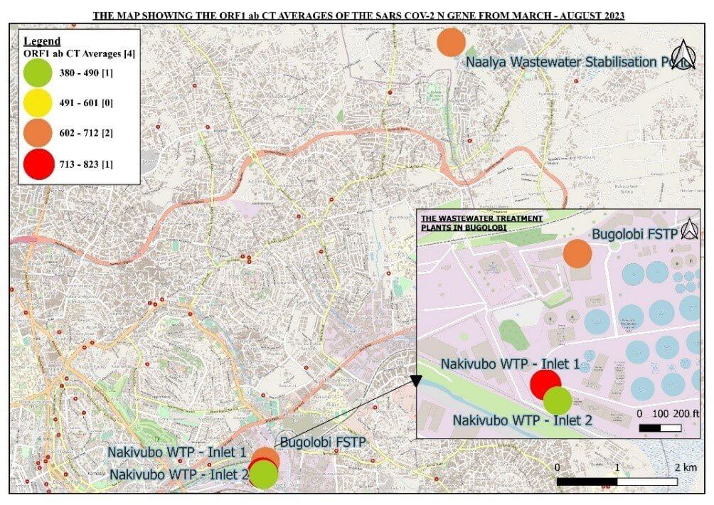 Map showing a proxy of viral load based on molecular testing at the different wastewater collection sites in Kampala, Uganda.