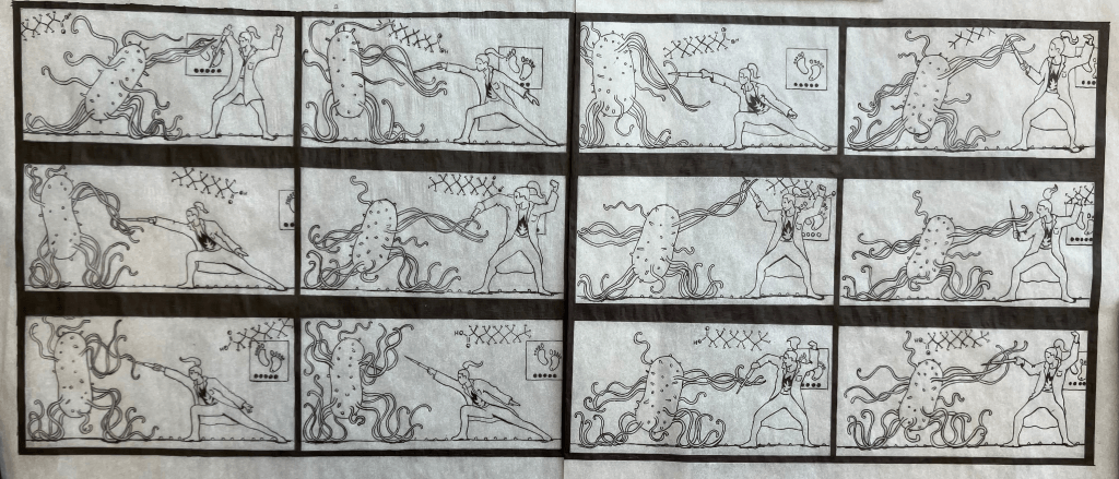 Grand Prize: The Laboratorian in Motion by Niamh Gray, Texas Department of State Health Services. "This is a hand drawn, ink pen piece made up of 12 panels, to be viewed from left-to-right, top-to-bottom. The twelve panels represent the 12 months of the year, symbolizing the perpetual, all-year responsibility and hard work of public health labs. It was inspired by a series of photos created by the photographer Eadweard Muybridge titled The Human Figure in Motion. In my piece, a laboratorian fences with a large, flagellated bacterium. She uses a micropipette as a foil.