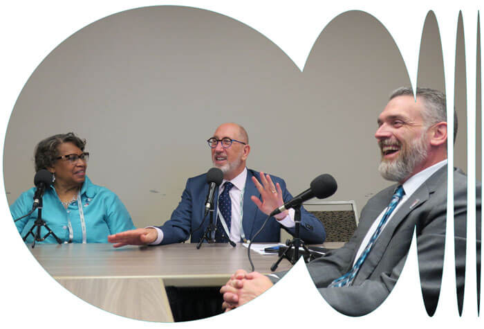 APHL President-elect Sharon Massingale, CEO Scott Becker and President Scott Shone recording a podcast at APHL 2026.