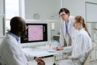 Three laboratorians sitting in front of a computer having a discussion.