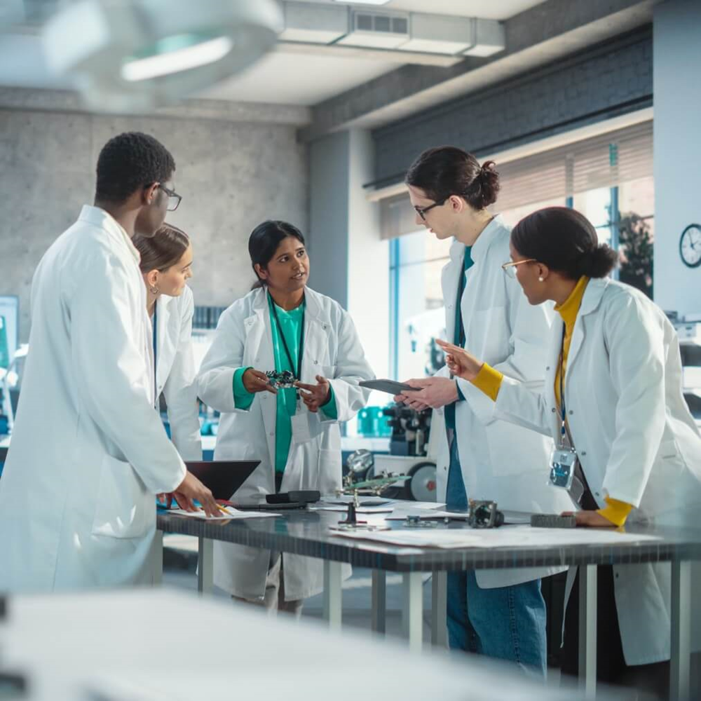 A group of scientists in a discussion around a table